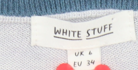 White Stuff Women Grey Blue Trim Knit Jumper UK 6 Crew Neck