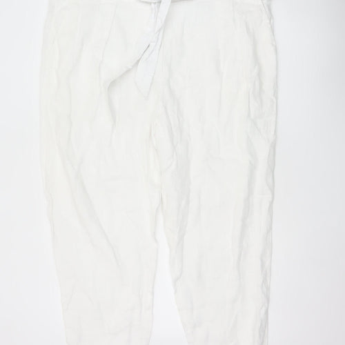 Marks & Spencer Women White Size 22 Linen Belted Tapered Trousers