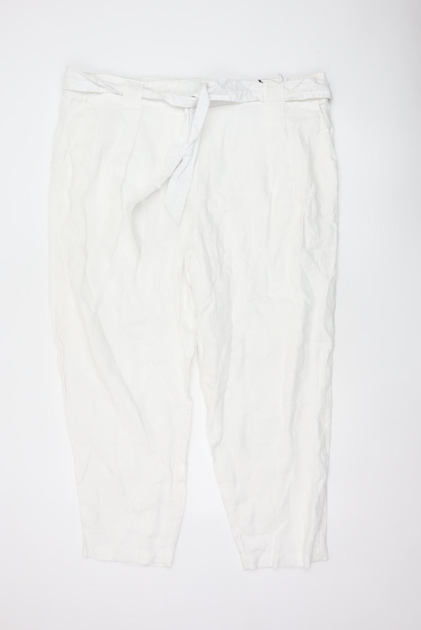 Marks & Spencer Women White Size 22 Linen Belted Tapered Trousers
