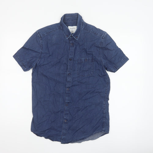 Burton Menswear London Men Blue Small Slim Denim Short Sleeve Button-Up Shirt
