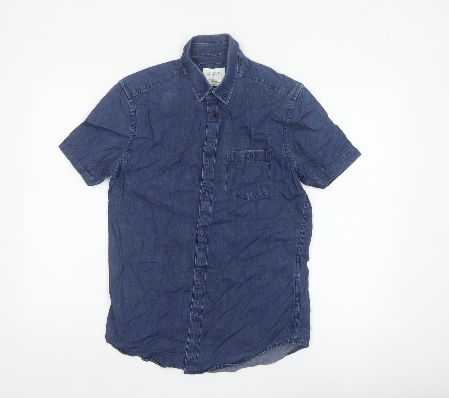 Burton Menswear London Men Blue Small Slim Denim Short Sleeve Button-Up Shirt