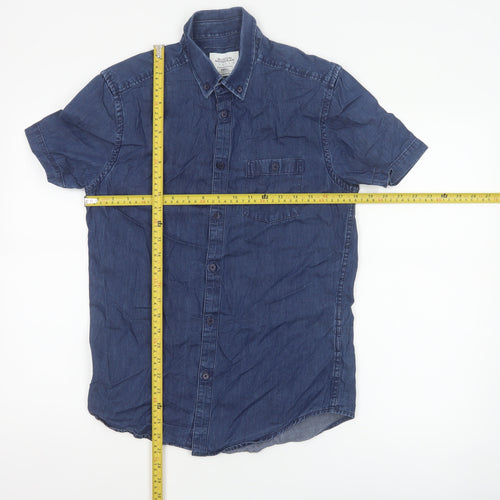 Burton Menswear London Men Blue Small Slim Denim Short Sleeve Button-Up Shirt