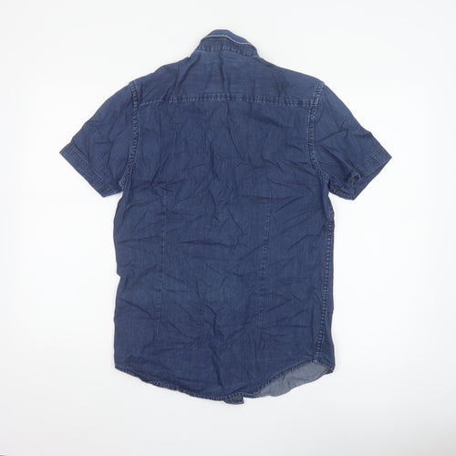 Burton Menswear London Men Blue Small Slim Denim Short Sleeve Button-Up Shirt