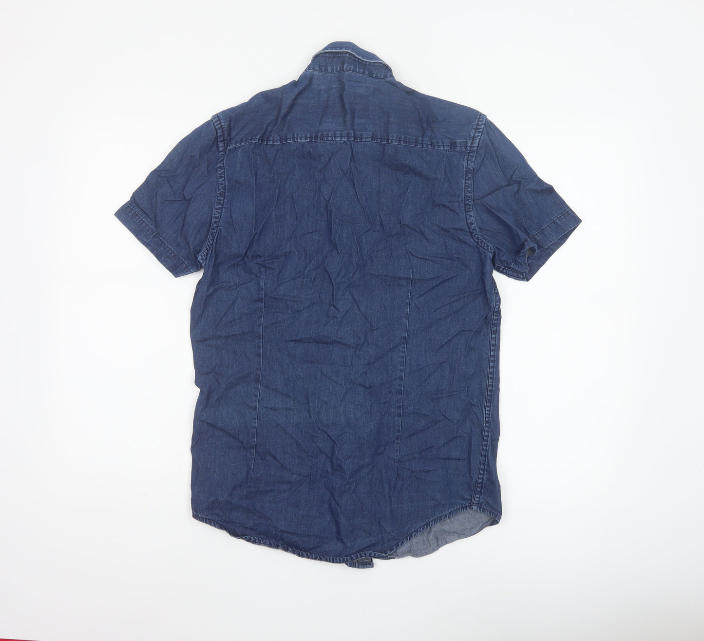 Burton Menswear London Men Blue Small Slim Denim Short Sleeve Button-Up Shirt