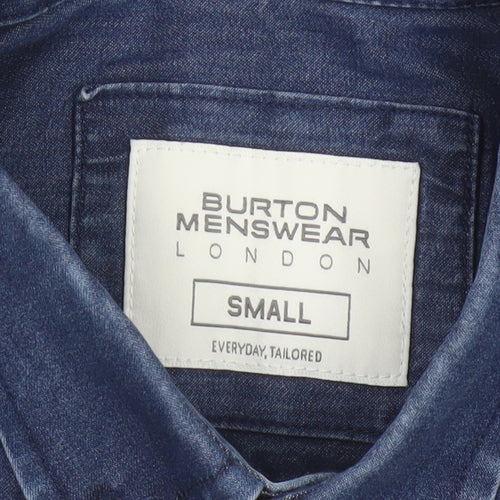 Burton Menswear London Men Blue Small Slim Denim Short Sleeve Button-Up Shirt