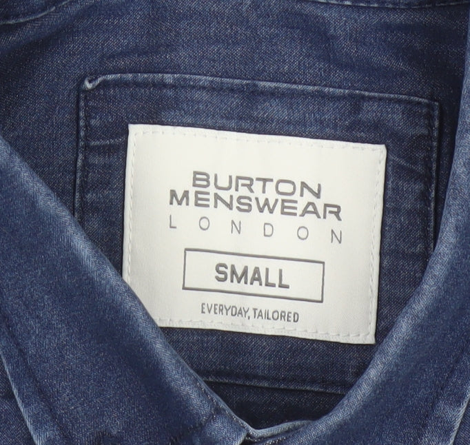 Burton Menswear London Men Blue Small Slim Denim Short Sleeve Button-Up Shirt