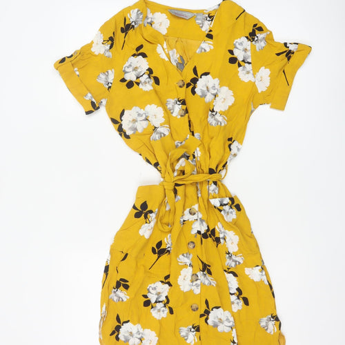 Dorothy Perkins Women’s Yellow Floral UK 8 Button Front Shirt Dress