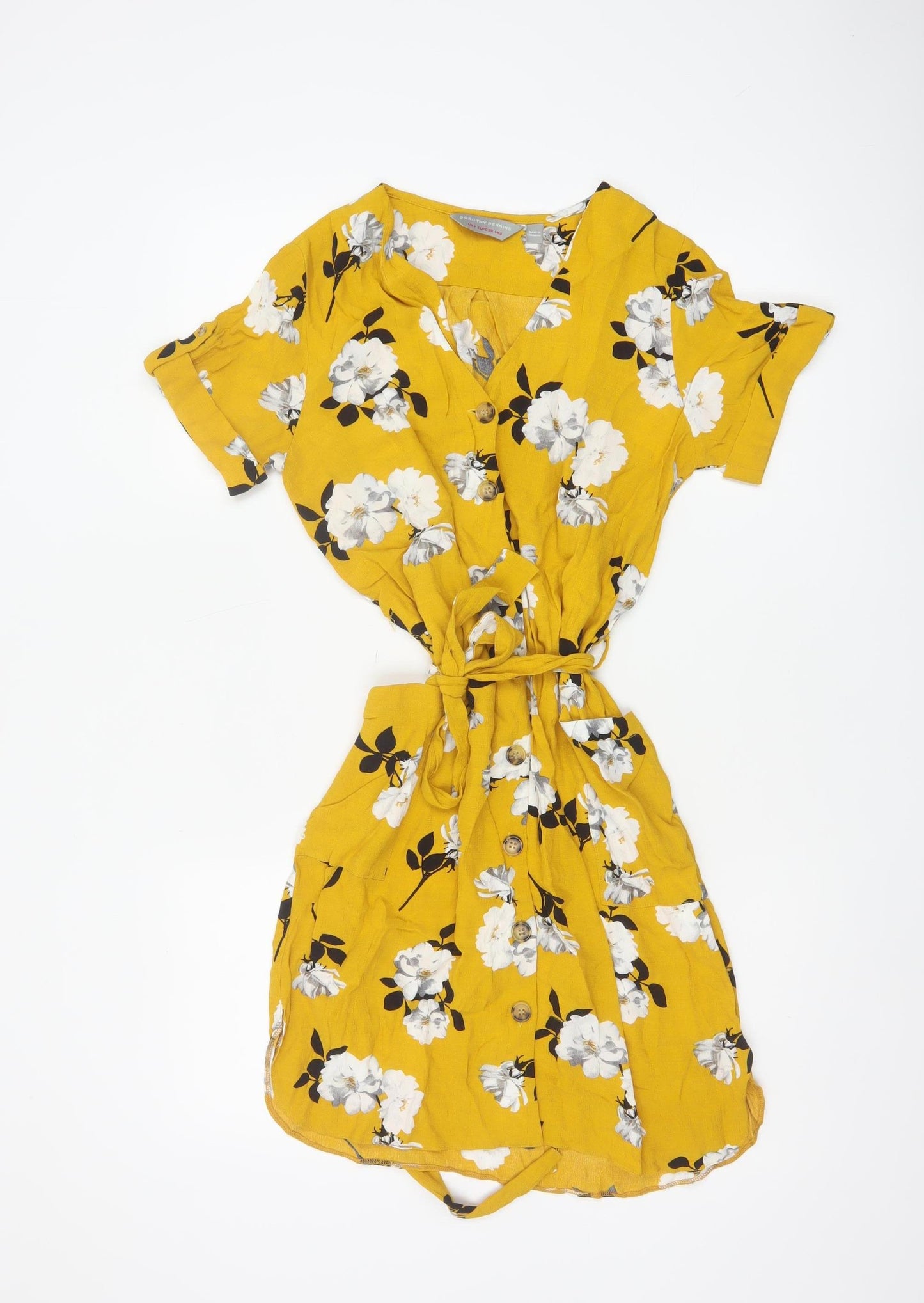 Dorothy Perkins Women’s Yellow Floral UK 8 Button Front Shirt Dress