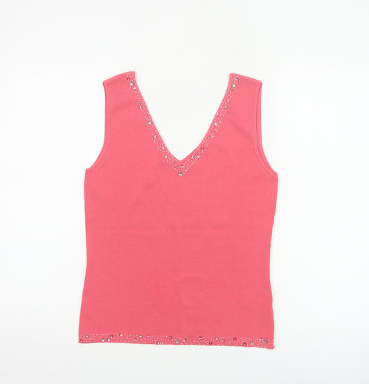 Wallis Women Pink UK 14 Embellished V-Neck Rib Knit Camisole Tank Top