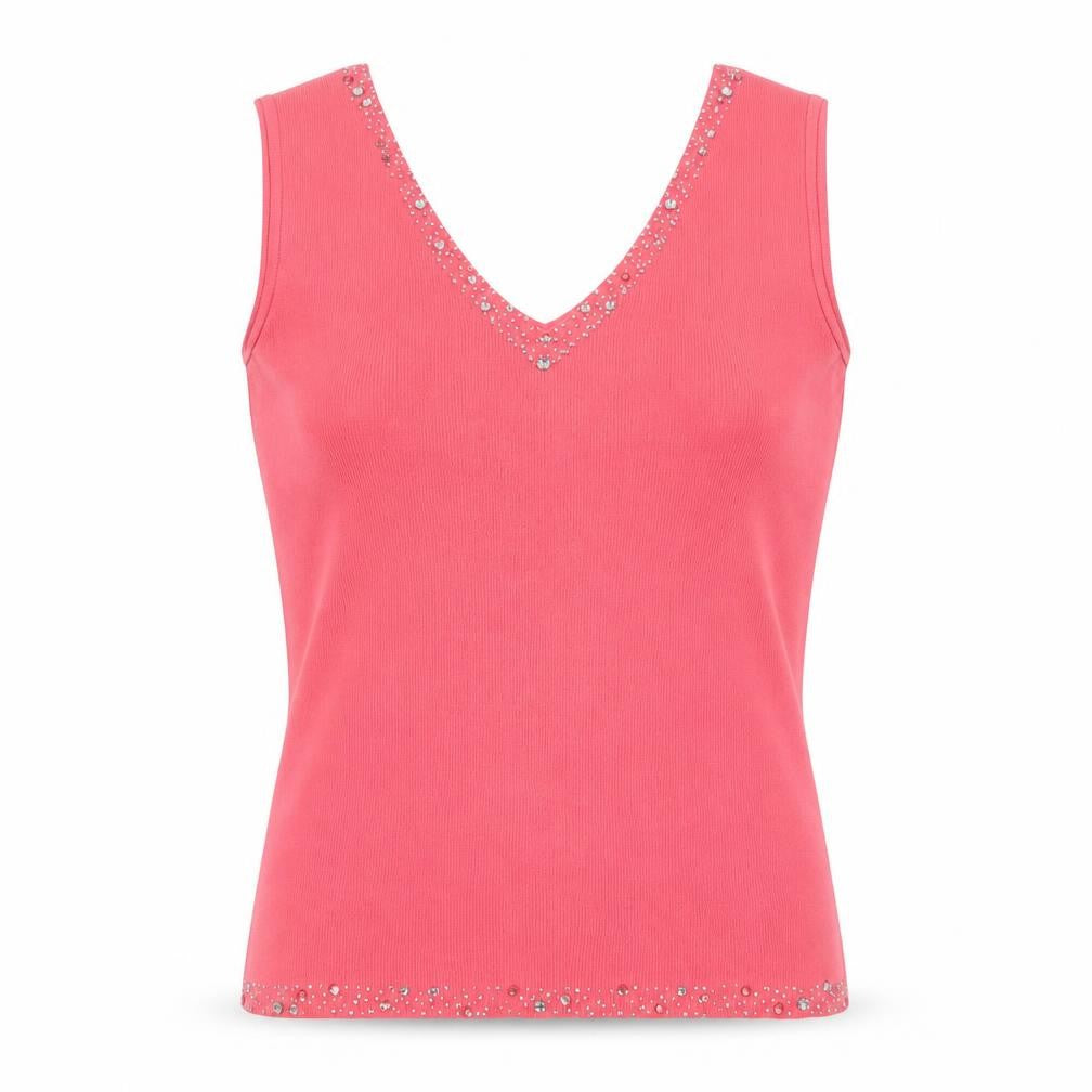 Wallis Women Pink UK 14 Embellished V-Neck Rib Knit Camisole Tank Top