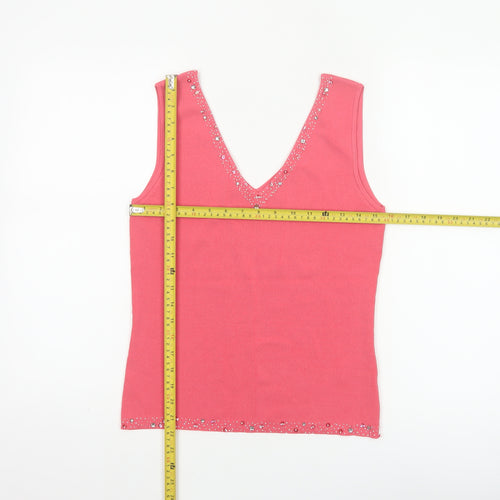 Wallis Women Pink UK 14 Embellished V-Neck Rib Knit Camisole Tank Top