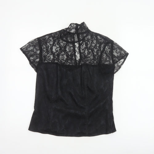 Minuet Women Black UK 12 Floral Lace High Neck Short Sleeve Blouse