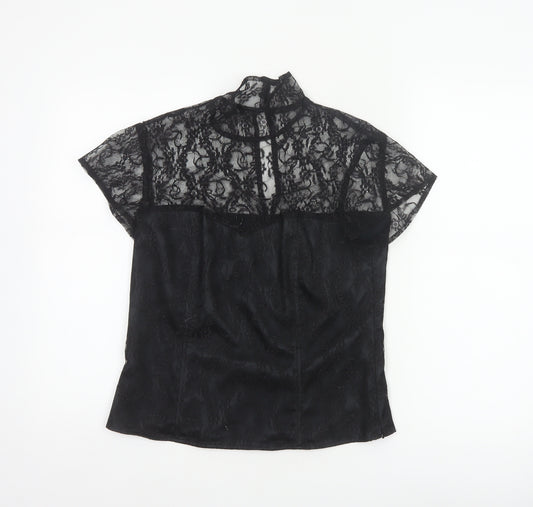 Minuet Women Black UK 12 Floral Lace High Neck Short Sleeve Blouse