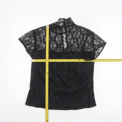 Minuet Women Black UK 12 Floral Lace High Neck Short Sleeve Blouse
