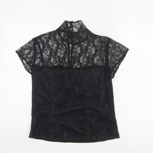Minuet Women Black UK 12 Floral Lace High Neck Short Sleeve Blouse