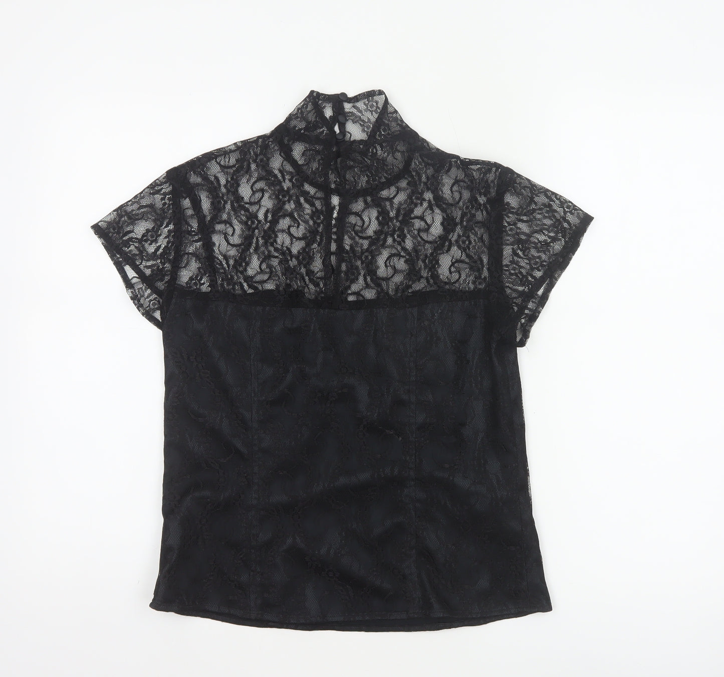 Minuet Women Black UK 12 Floral Lace High Neck Short Sleeve Blouse