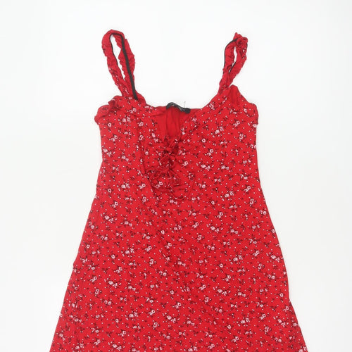 New Look Women Red Floral UK 8 Skater Mini Lace Up Ruffle Strap Dress