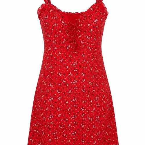 New Look Women Red Floral UK 8 Skater Mini Lace Up Ruffle Strap Dress