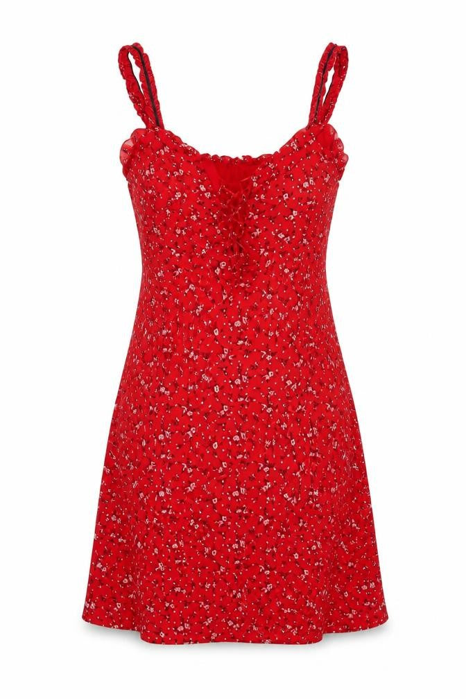 New Look Women Red Floral UK 8 Skater Mini Lace Up Ruffle Strap Dress