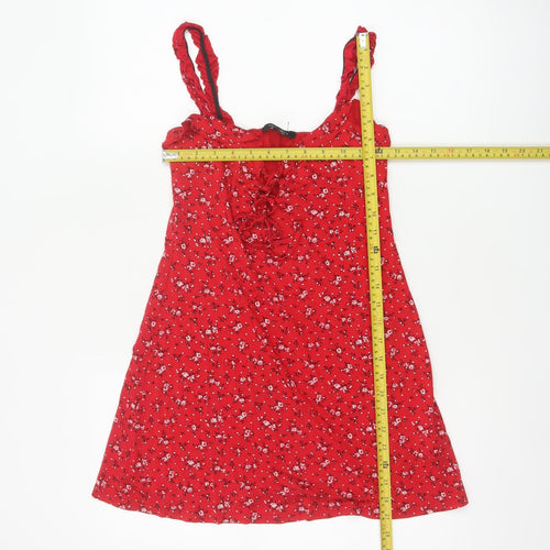 New Look Women Red Floral UK 8 Skater Mini Lace Up Ruffle Strap Dress