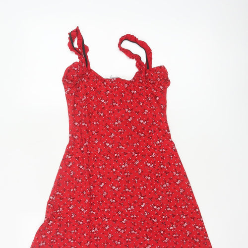 New Look Women Red Floral UK 8 Skater Mini Lace Up Ruffle Strap Dress