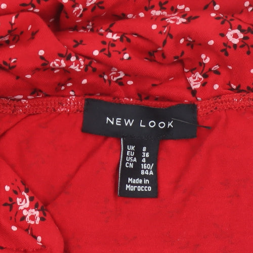 New Look Women Red Floral UK 8 Skater Mini Lace Up Ruffle Strap Dress