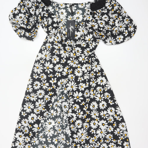 Influence Women Black Floral Puff Sleeve Fit & Flare Midi Dress UK 10