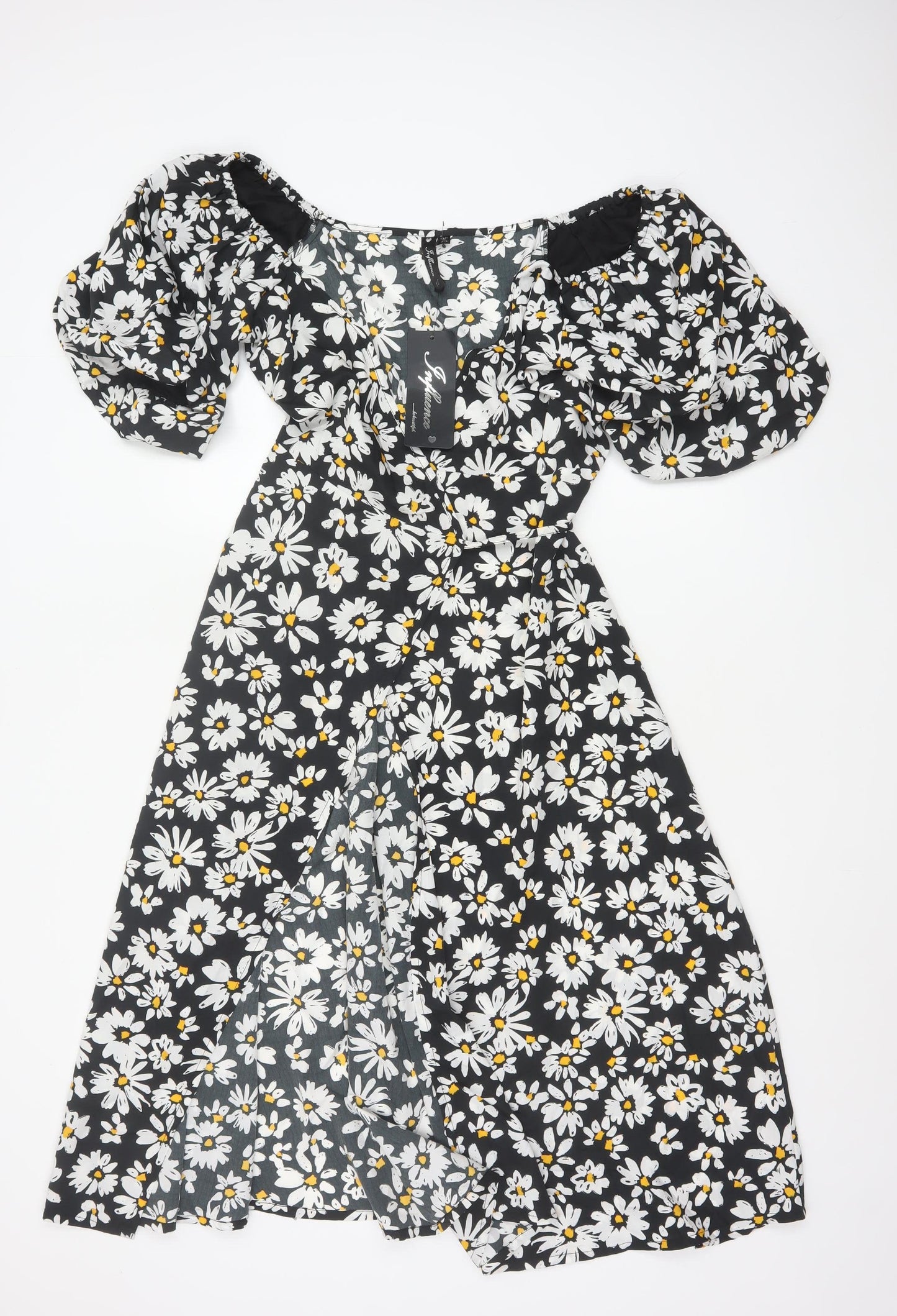 Influence Women Black Floral Puff Sleeve Fit & Flare Midi Dress UK 10