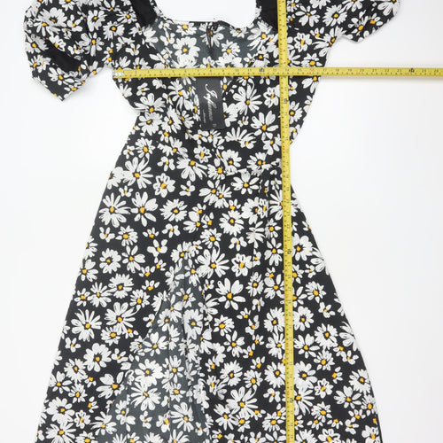 Influence Women Black Floral Puff Sleeve Fit & Flare Midi Dress UK 10