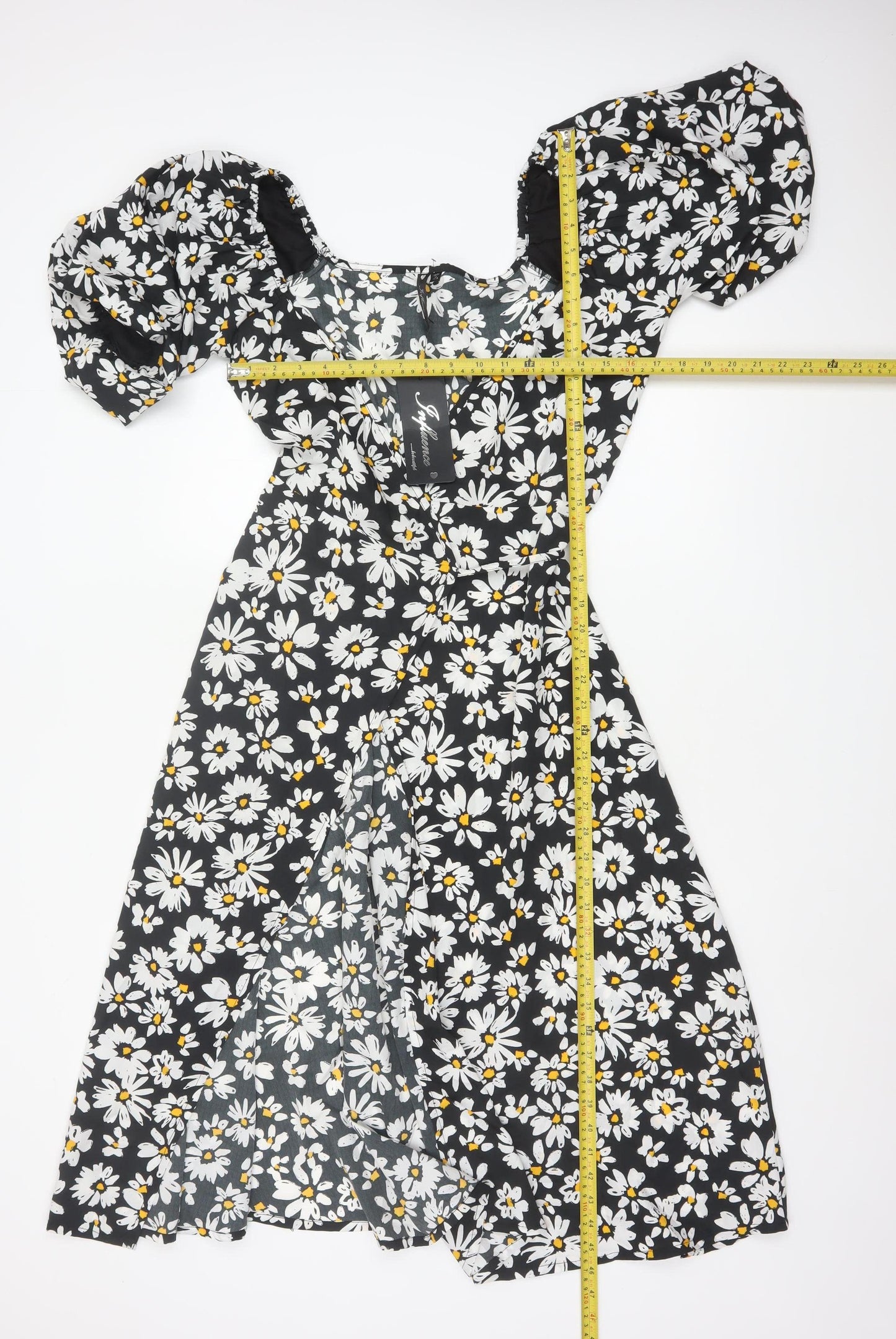 Influence Women Black Floral Puff Sleeve Fit & Flare Midi Dress UK 10
