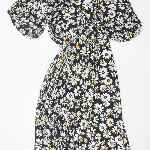 Influence Women Black Floral Puff Sleeve Fit & Flare Midi Dress UK 10