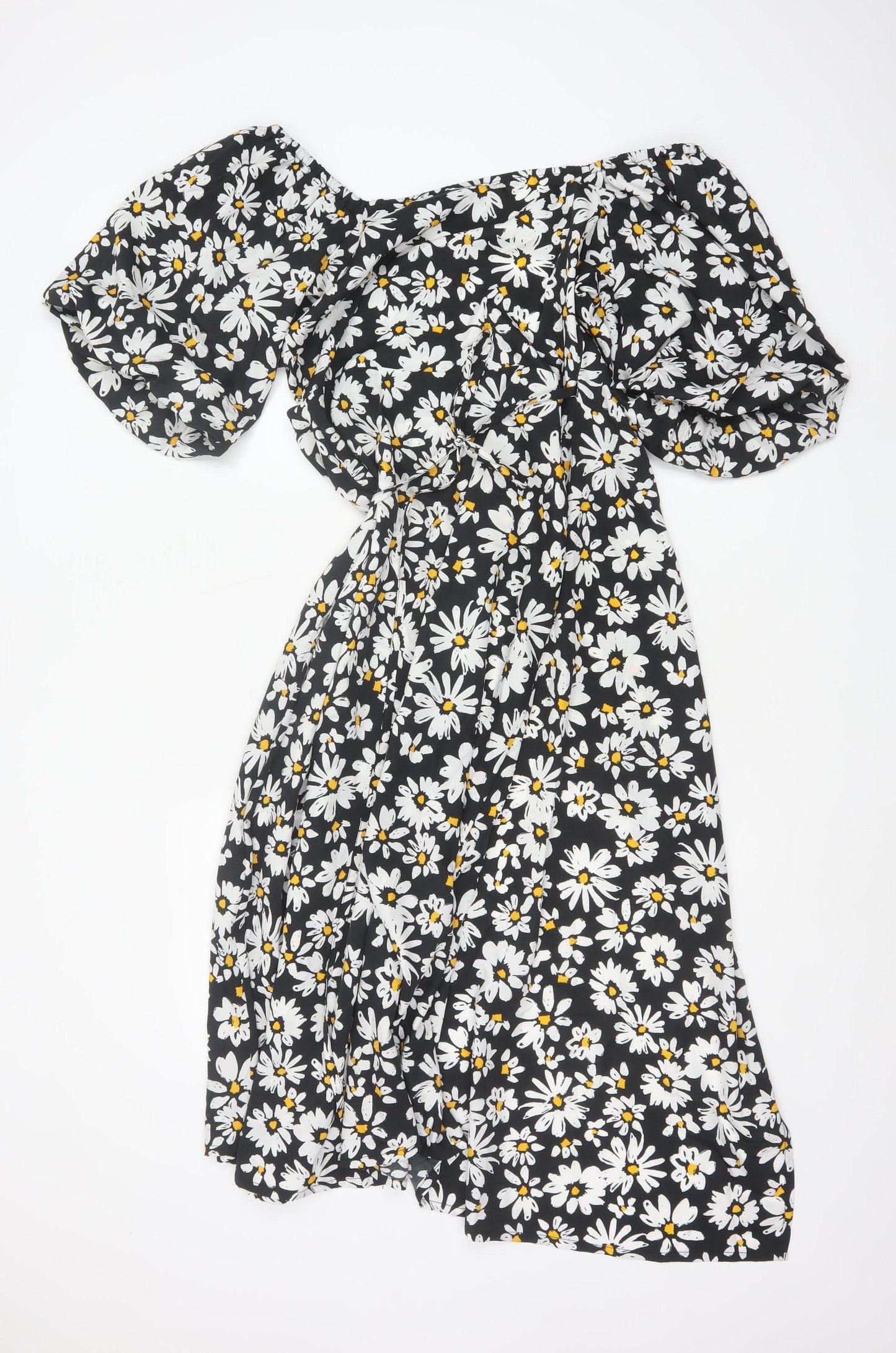 Influence Women Black Floral Puff Sleeve Fit & Flare Midi Dress UK 10