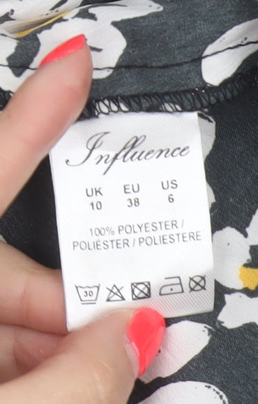 Influence Women Black Floral Puff Sleeve Fit & Flare Midi Dress UK 10