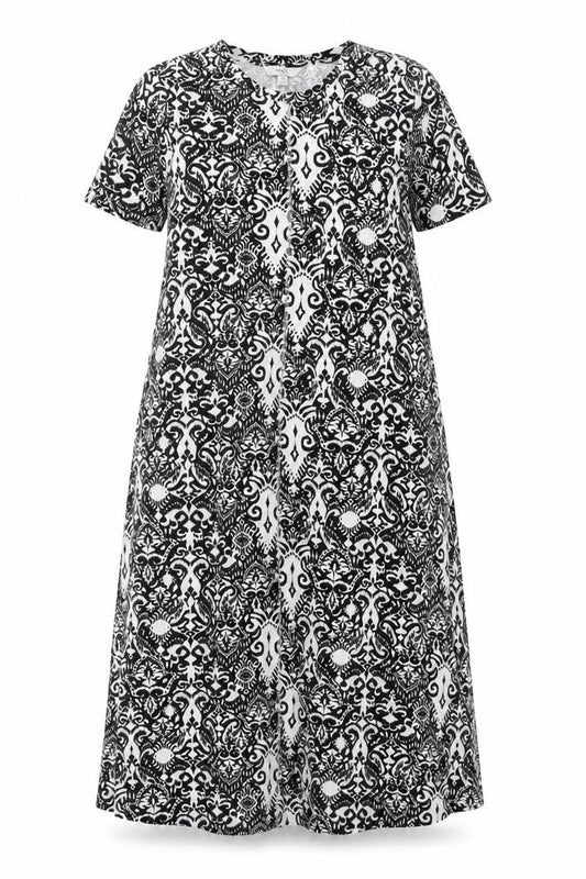 Front view of Marks & Spencer Women's Black White, size 10, A-Line Maxi Geometric Dress