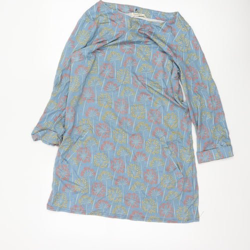 WoolOvers Women Blue Floral Modal Cotton Shift Dress Size S Long Sleeve