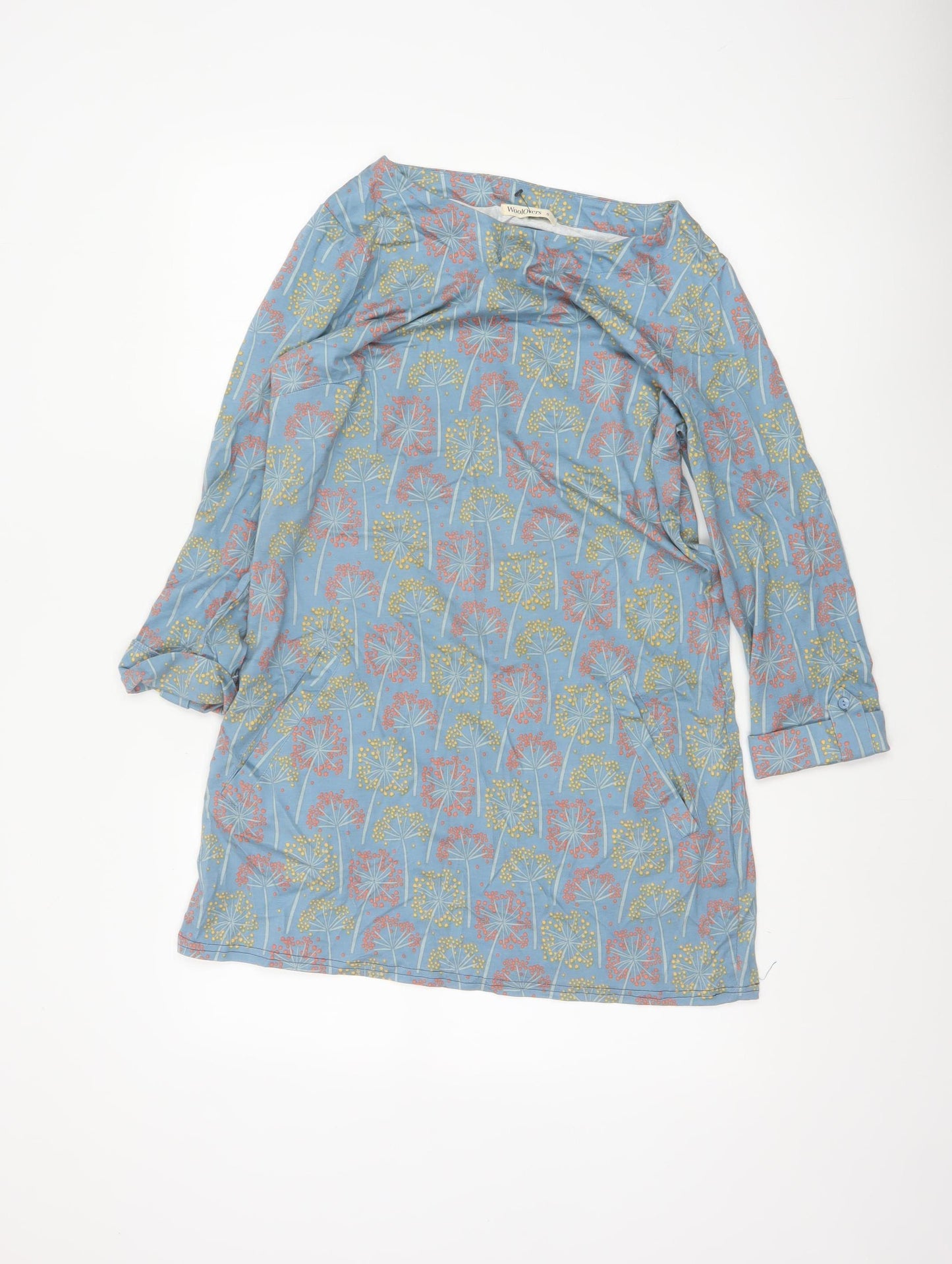 WoolOvers Women Blue Floral Modal Cotton Shift Dress Size S Long Sleeve