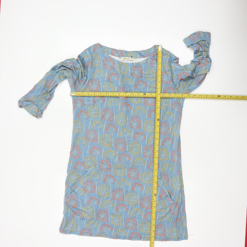 WoolOvers Women Blue Floral Modal Cotton Shift Dress Size S Long Sleeve