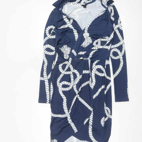 River Island Women Blue Rope Print Wrap Dress UK 6 Knee Length