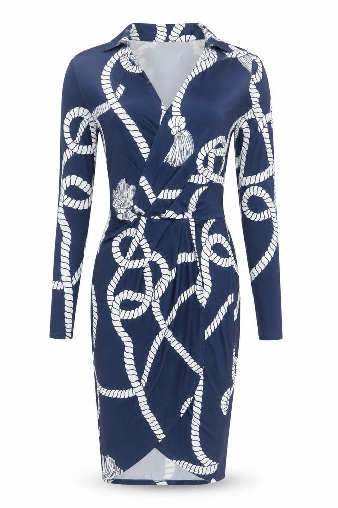 River Island Women Blue Rope Print Wrap Dress UK 6 Knee Length