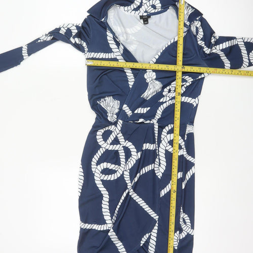River Island Women Blue Rope Print Wrap Dress UK 6 Knee Length