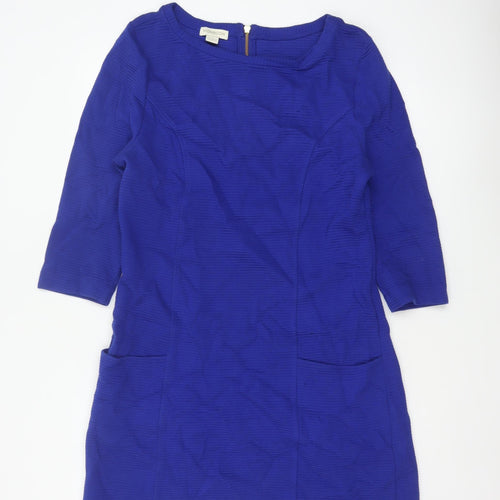 Monsoon Women Blue UK 14 Sheath Knee Dress Cotton 3/4 Sleeve Pockets