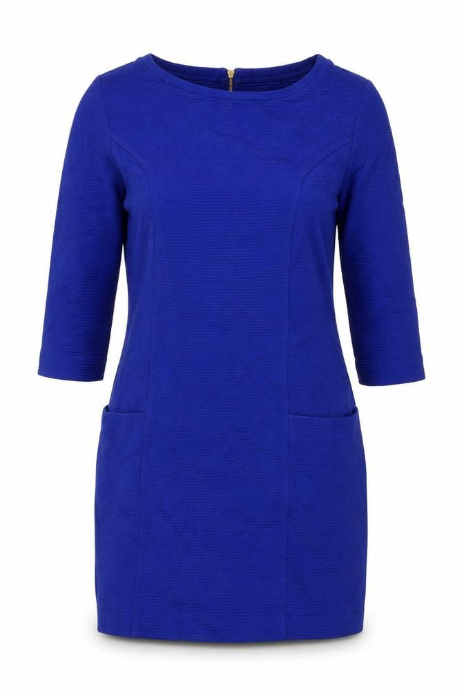 Monsoon Women Blue UK 14 Sheath Knee Dress Cotton 3/4 Sleeve Pockets