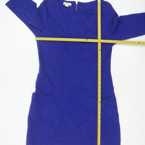Monsoon Women Blue UK 14 Sheath Knee Dress Cotton 3/4 Sleeve Pockets