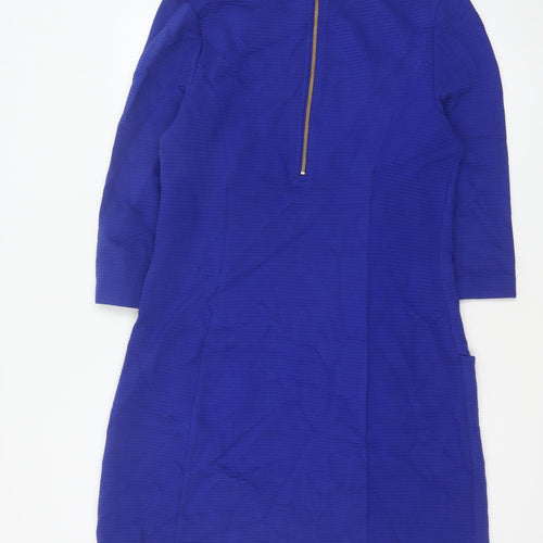 Monsoon Women Blue UK 14 Sheath Knee Dress Cotton 3/4 Sleeve Pockets