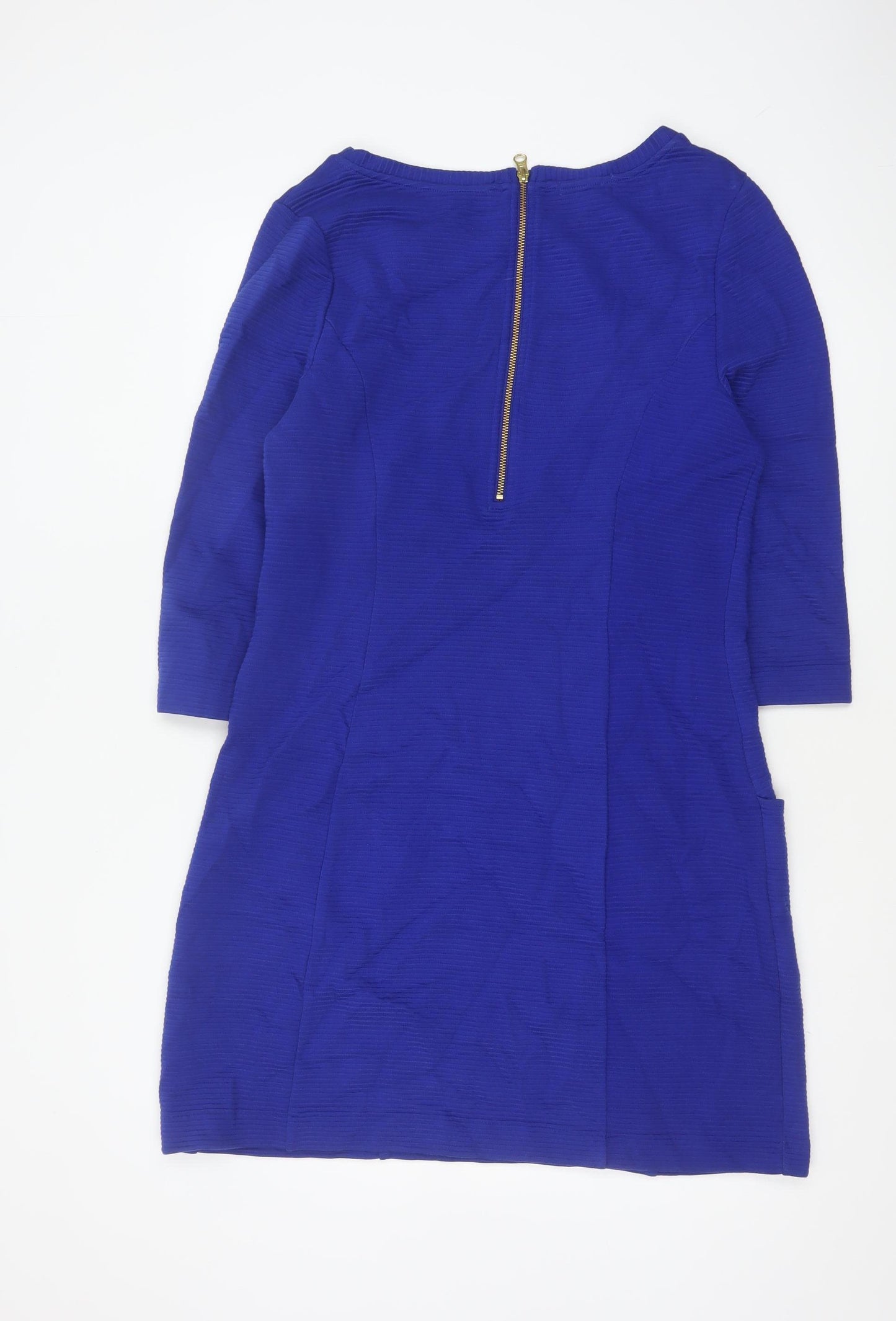 Monsoon Women Blue UK 14 Sheath Knee Dress Cotton 3/4 Sleeve Pockets