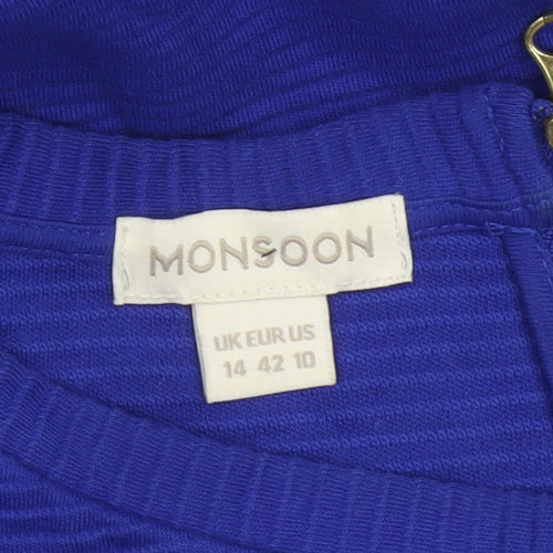 Monsoon Women Blue UK 14 Sheath Knee Dress Cotton 3/4 Sleeve Pockets
