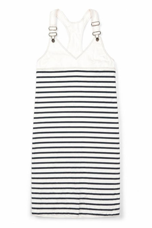 Front view of Zara Women Ivory Navy Striped M Pinafore Knee Length Dress