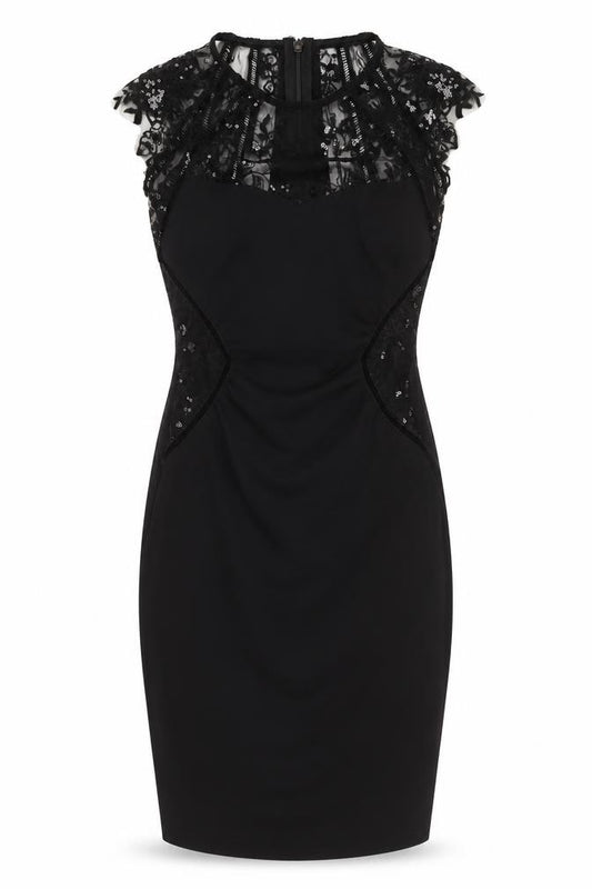 Front view of Lipsy Women Black UK 6 Bodycon Knee Length Lace Sequin Party Dress
