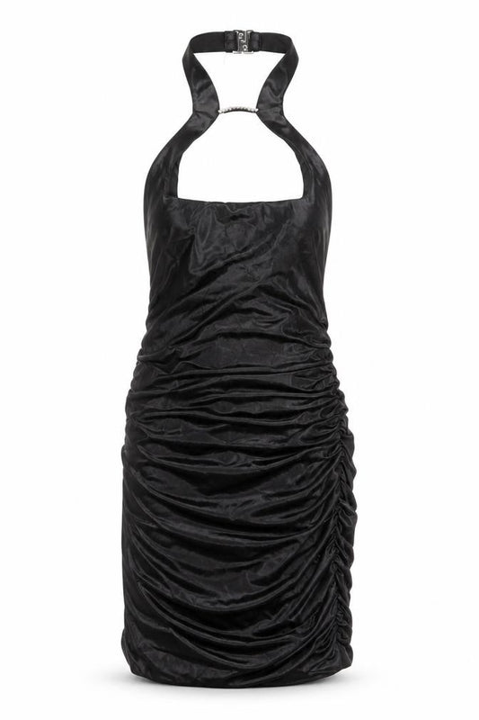 Front view of Oh Polly Women Black UK 10 Bodycon Halter Ruched Party Dress