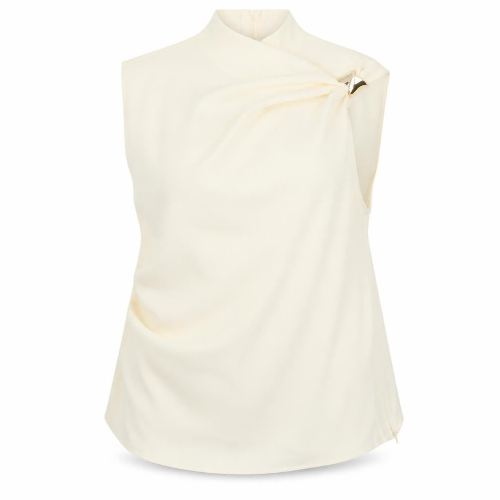 Front view of Mango Women Ivory UK 10 Basic One Shoulder Long Sleeve Buckle Blouse